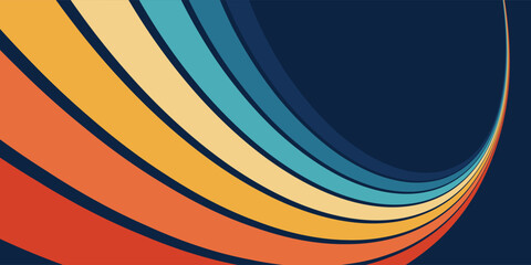 Retro 70s groovy poster design. Rainbow parallel lines with perspective, funky dynamic psychedelic background, colorful vintage abstract vector illustration for decor, prints and branding