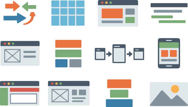 Flat vector icons of user experience wireframing design: interaction arrows, grid system, UI structure, text lines, low fidelity