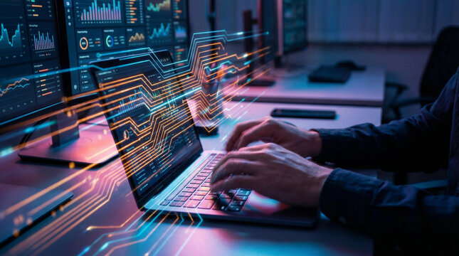 A person working on a laptop with glowing digital interfaces and data visualizations on multiple screens in a dark, high-tech environment.