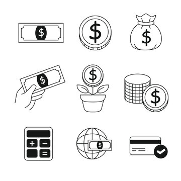 Hand drawn minimal black and white money icon set in flat outline style. Collection of financial vector symbols of coins, banknotes, savings, investment, payment etc. Global finance concepts. Line ico