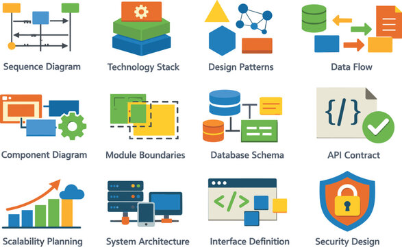 Flat vector icons of software development process system design: sequence diagram, technology stack, design patterns, data flow,