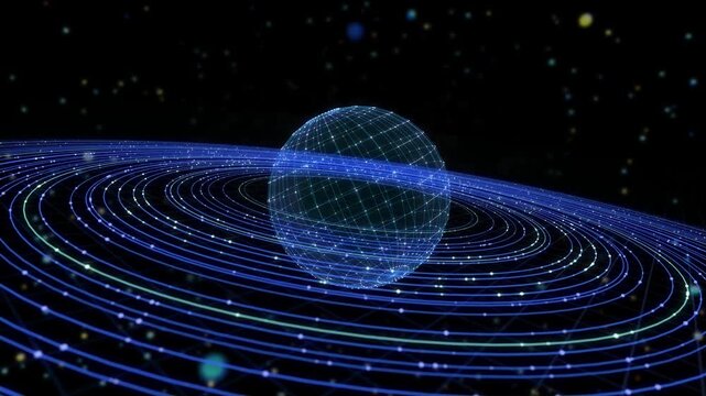 Rotating Wireframe Sphere with Orbiting Data Lines Seamless Loop