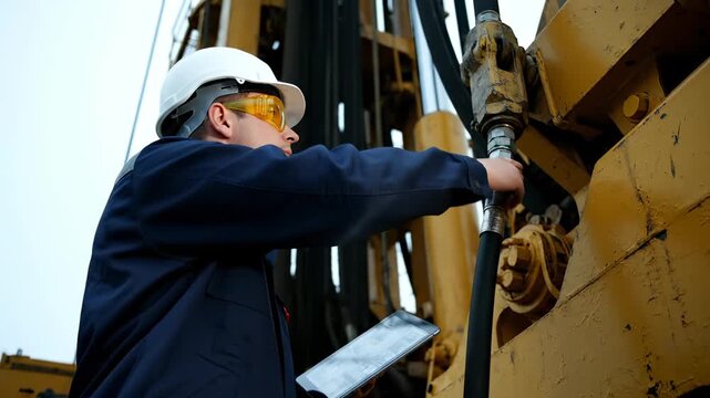 Worker inspects excavator hydraulic with tablet at construction site. Engineer checks excavator equipment using tablet. Worker examines hydraulic machinery. Construction inspection with tablet.