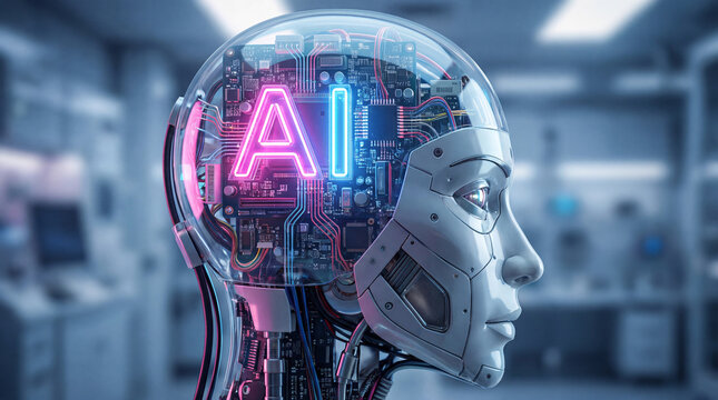 Close-up profile of a futuristic robot head with glowing AI symbol and circuit board inside, in a tech lab.