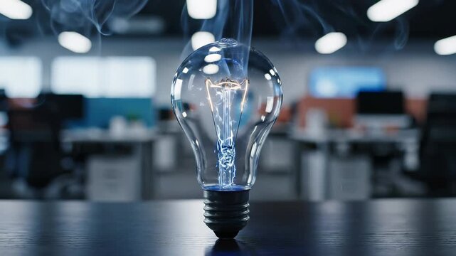 Glass lightbulb exploding with burst effect and smoke in office environment. Innovation breakthrough and creative disruption concept. Business idea generation and transformative thinking metaphor