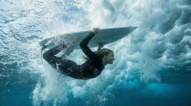 A female surfer in a wetsuit duck diving under a breaking wave with her surfboard in clear blue ocean water.