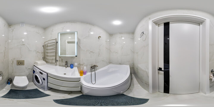 seamless 360 hdri panorama in interior of expensive bathroom in modern flat apartments or hotel with toilet and washbasin in equirectangular projection with zenith and nadir. VR AR content