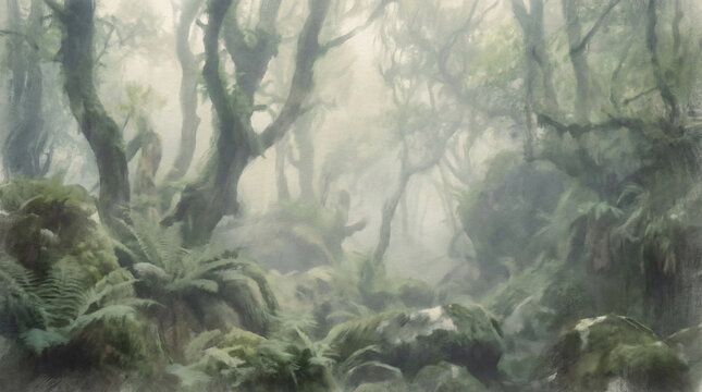 Misty Forest Path at Dawn Watercolor Illustration. Ethereal woodland scene in soft greens and grays, dreamy fog effect, painterly brushstrokes, serene mood