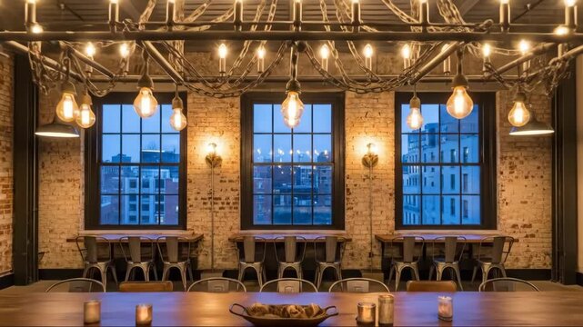 Cozy industrial loft dining room with evening city view through large windows