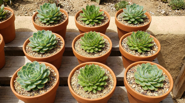 Succulent Plants Arrangement Overhead Flat Lay. Various green rosettes in terracotta pots, sandy soil texture, botanical grid composition, desert garden aesthetic