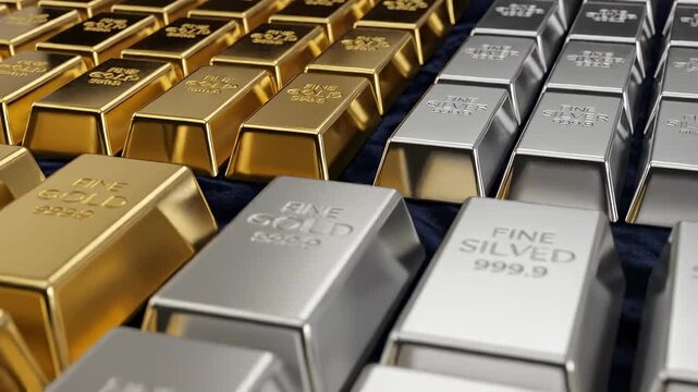 Piles of gold and silver bullion bars displayed, symbolizing wealth, investment, and financial stability.