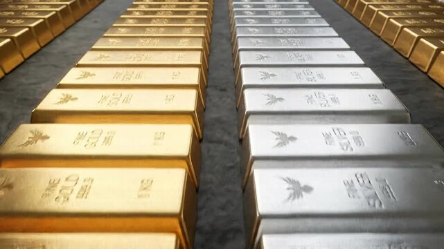 Digital animation shows many gold and silver bars stacked symbolizing wealth, investment, and financial security