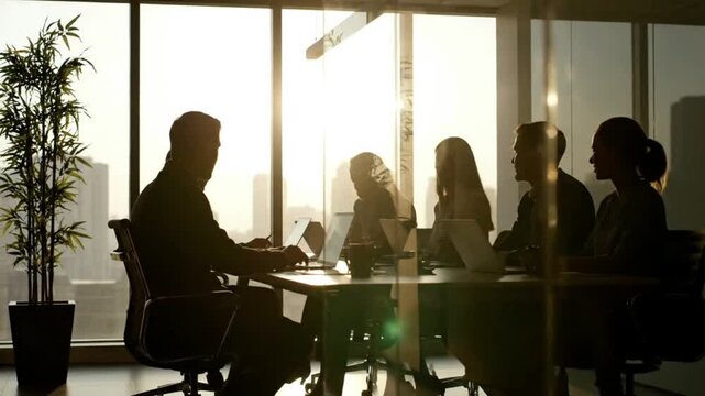 Silhouetted business professionals in a modern office meeting room, collaborating and discussing strategies with laptops against a bright window and city view. 4k Video