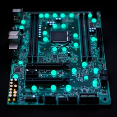 Fototapeta premium Abstract Motherboard Circuitry with Glowing Teal Lights, Futuristic Tech Concept, Macro Shot, Technology, Innovation, Circuit, motherboard