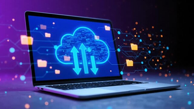 Laptop screen shows glowing cloud icon with data transfer arrows and animated folders. Symbolizes secure online storage, global network, and efficient data management. 4k Video