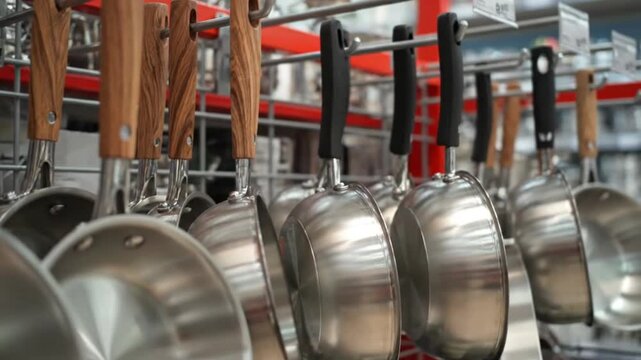 Close-up of various stainless steel pots and pans with wooden and black handles, neatly displayed on a rack in a kitchenware store, ready for home cooking. 4k Video