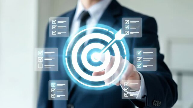 Business professional interacting with digital target interface displaying multiple checklists. Concept represents goal setting, performance tracking, task management, strategic planning