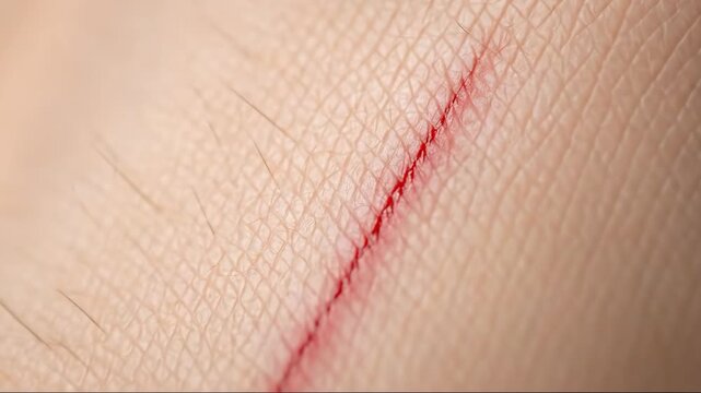 Closeup sequence of healing skin cut transition from fresh to scab development