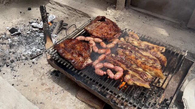 Authentic Argentine asado at a dusty construction site, featuring meat grilling on an improvised iron rack over a charcoal and wood fire with thick smoke