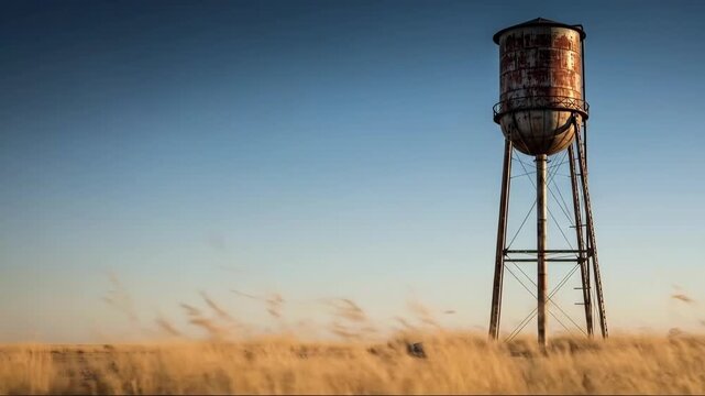 Towering rusted water tank overlooking windblown prairie grass under vast blue sky