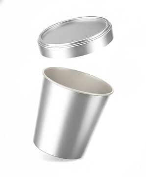 Empty silver ice cream tub container mockup with cap floats in mid air against on white background