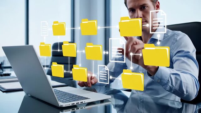 Professional interacts with virtual folder network overlay in modern office. Digital file management system with interconnected documents and folders. Concept represents data organization, document