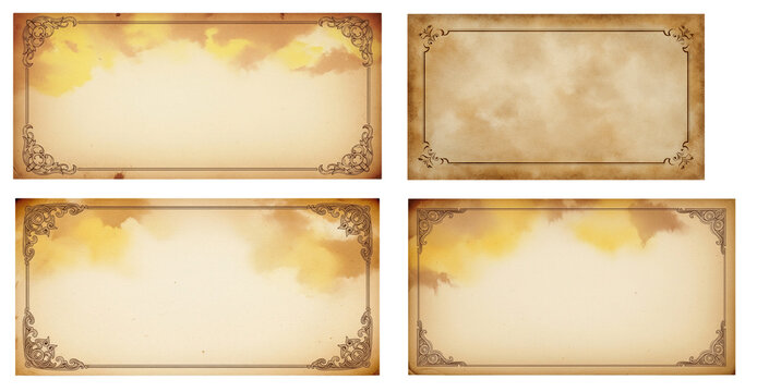Four vintage looking paper with a yellow background and a gold frame, isolated set