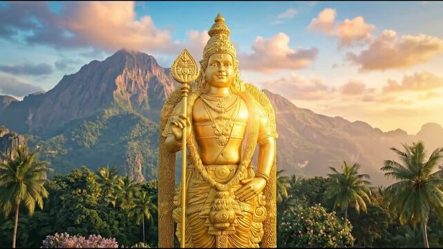 A majestic golden statue of lord murugan standing tall against a scenic mountain backdrop during the vibrant celebration of thaipusam in a lush tropical landscape