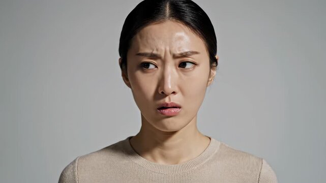 Confusion reaction portrait. A minimalist portrait of a face frozen in confusion, brows furrowed and gaze unfocused against a simple background.