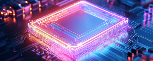 Fototapeta premium Circuitry Glow Close-up, Macro Shot of a Glowing Microchip with Neon Pink and Blue Lights. Futuristic Technology, AI, Computer Hardware, Tech Art, Microscopic World, Digital Network