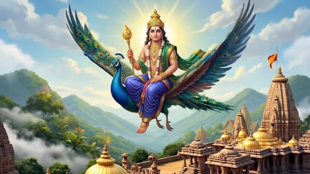 Murugan riding a peacock over ancient golden temples during thaipusam festival representing spiritual divinity and hindu culture in this beautiful artistic illustration of the god