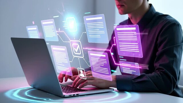 Professional working on laptop with workflow automation interface. Digital document management system with task organization, process diagrams, and approval verification for business productivity