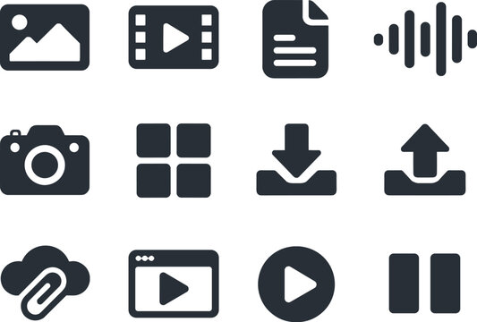 Solid vector icons of chat media sharing: image thumbnail, video clip, file document, audio waveform, camera icon, gallery grid,