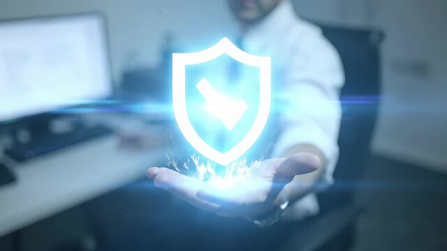 Professional presents holographic shield with checkmark symbol. Digital security concept represents protection, verification, insurance, trust, and quality assurance in business or technology