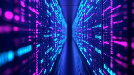 Data Tunnel Abstract digital corridor with glowing blue and pink binary code, vanishing perspective, cyberspace journey, technology, network