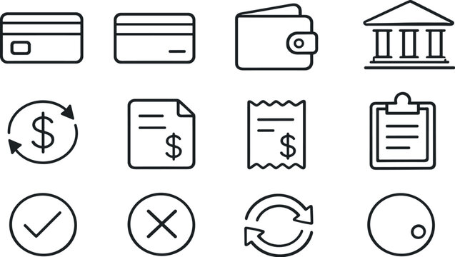 Line style icons of payment subscription: credit, card, wallet, bank; charge, bill, invoice, receipt; success, fail, retry,