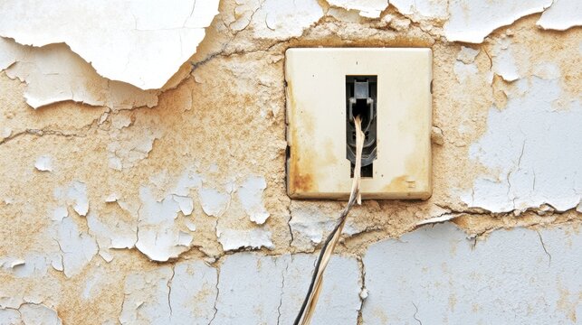 An old and damaged electrical outlet with a frayed cord dangling precariously against a peeling textured wall