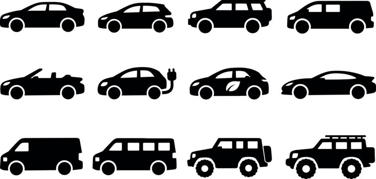Solid vector icons of rental vehicle options: sedan, hatchback, SUV, minivan, convertible, electric car, hybrid car, luxury car,