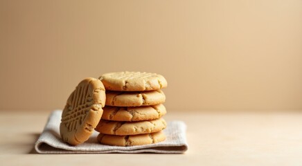 A stack of peanut butter cookies on a napkin on a table