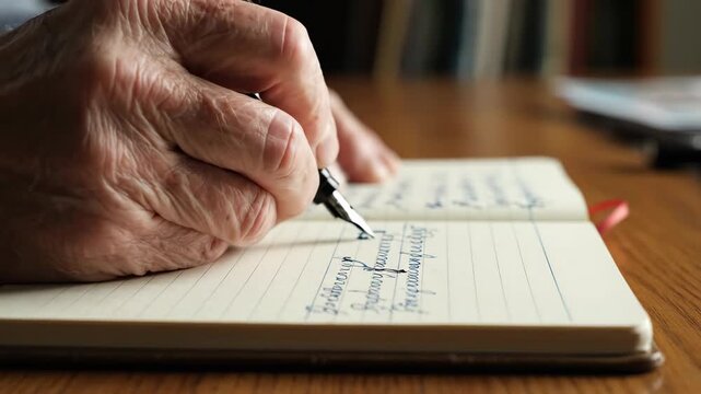 Writing notes by hand. A detailed close-up capturing handwritten words filling a notebook page line by line.
