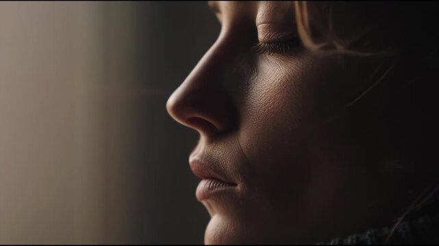 Close-up profile of a womans face in soft, dramatic lighting, capturing a pensive mood.