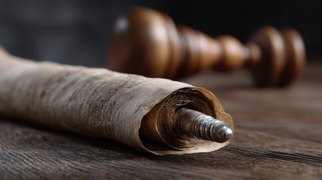 cultural artifact display, moody lighting highlights the texture of an ancient megillah scroll partly unfurled on a dark wood table with a silver pointer and a wooden gragger