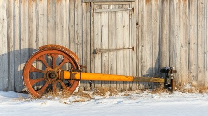 An old hand-powered ice auger with orange wheel rests against a weathered wooden shed door in the snow