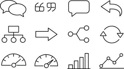 Naklejka premium Symmetrical AI Icon Grid. Line style of conversational AI vector icons: dialog, quote, bubble, reply; flowchart, arrow, branch,