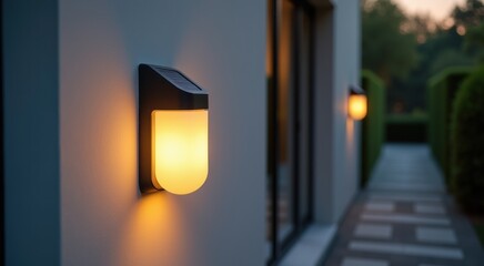 Modern solar-powered outdoor wall light mounted on a neutral-colored exterior wall