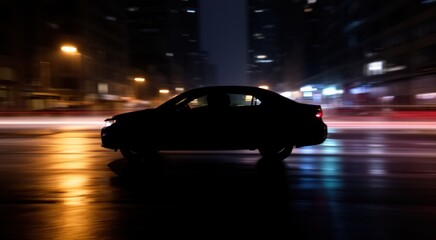View of a car driving down a city street at night