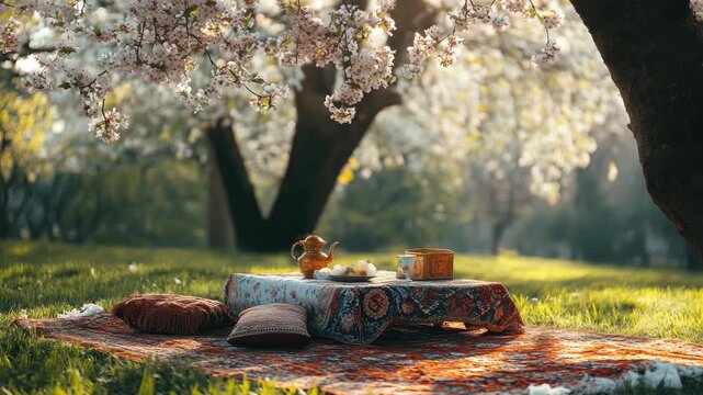 A Haft-Seen table adorned with traditional items is set beneath a blossoming tree, highlighting the joyous Nowruz celebration amidst the serene beauty of nature.