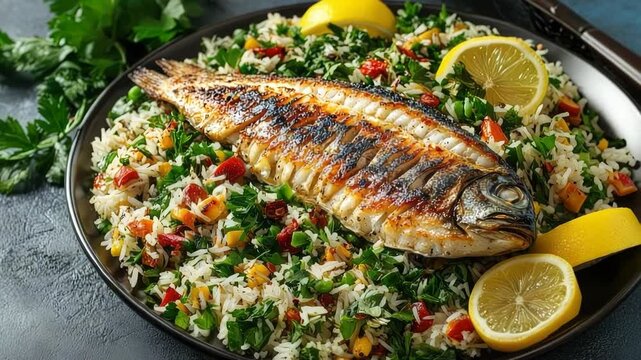 A traditional Nowruz dish, Sabzi Polo Mahi (herbed rice with fish), beautifully presented on a table with fresh greens and lemon slices.