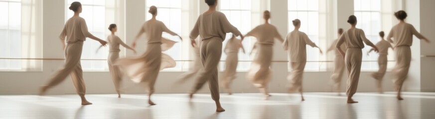 Dancers in a dance studio with a large window in the background