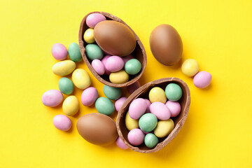 Obraz premium Tasty chocolate eggs with colorful candies on yellow background, flat lay. Happy Easter